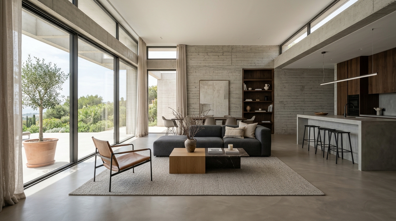 Salón de diseño con suelos y paredes continuas en microcemento mineral