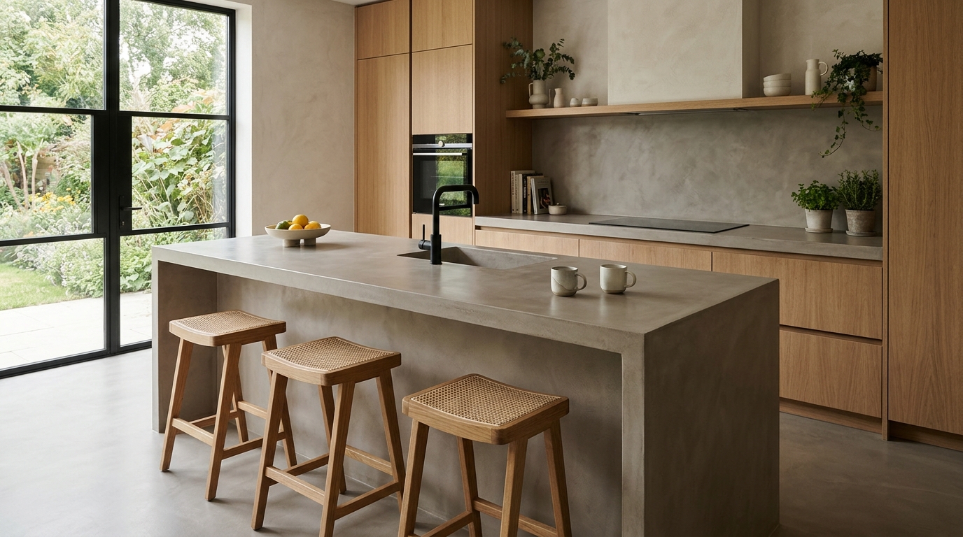 Cocina contemporánea con isla y encimera continua de microcemento pulido